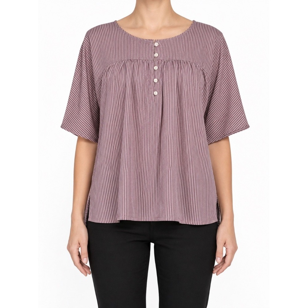 ExOfficio Womens Striped Henley Blouse Top Purple White Flowy Boho M